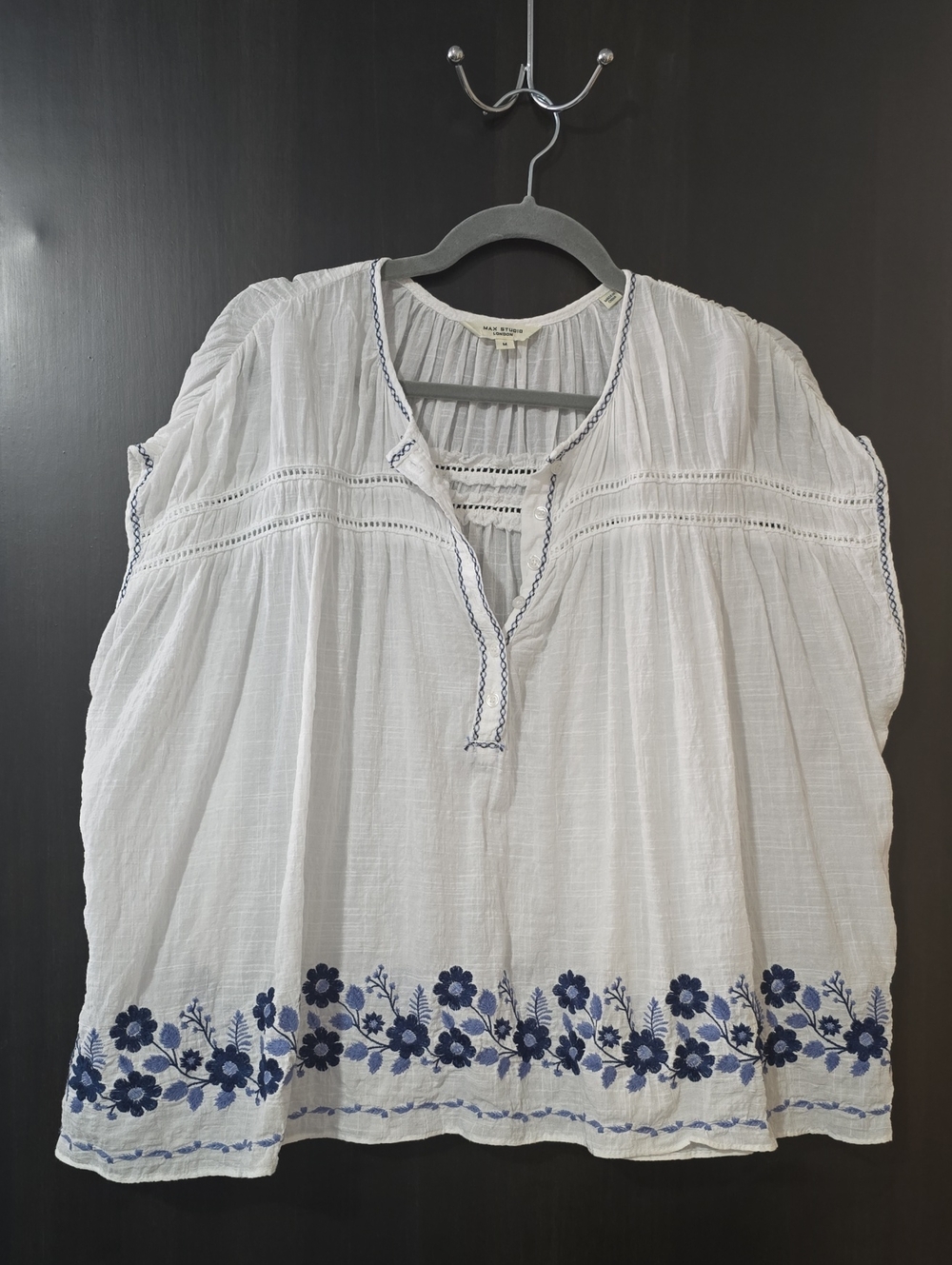 Max Studio White Tunic with Navy Floral Embroidery